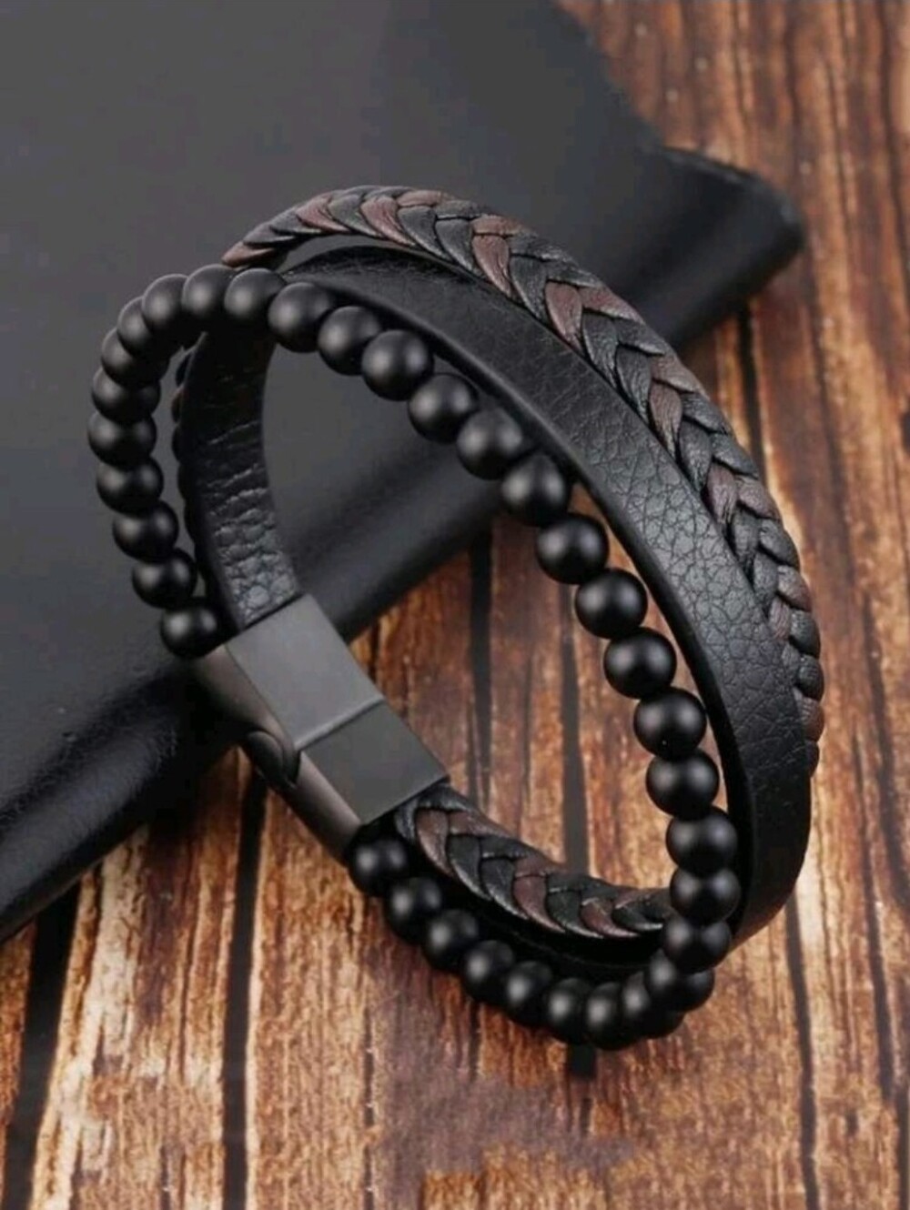 Men's Black Multi-Strand Beaded & Leather Bracelet